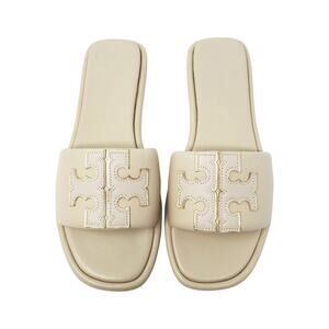 Tory Burch Double T Sport Slide Sandals Dulce De Leche Gold Cream 79985 Size 9